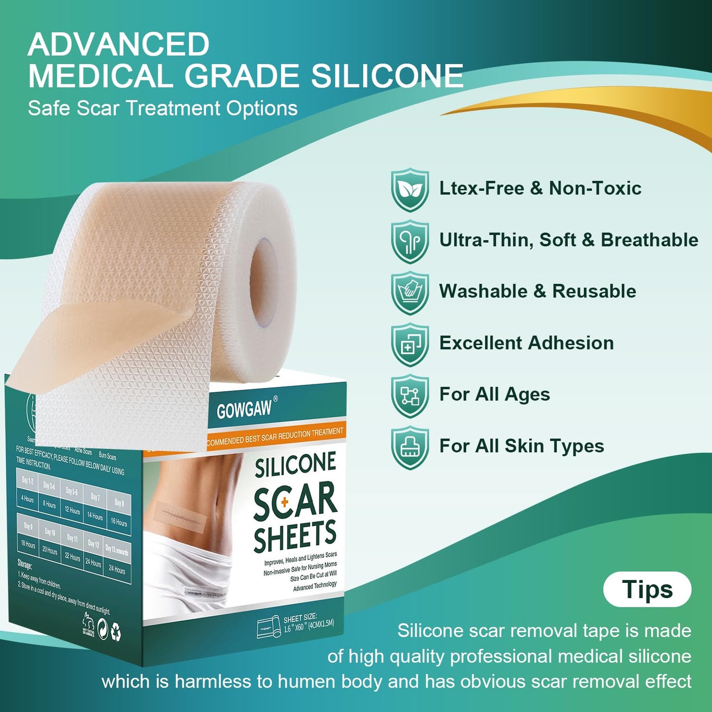 Gowgaw Medical Grade Silicone Scar Sheets | Reusable Scar Tape (1.6” x 60” / 1.5M) for Surgical, C-Section, Burns & Acne