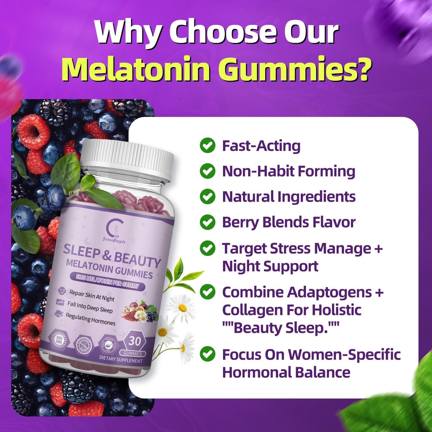 GPGP GreenPeople Women's Melatonin Gummies 5mg – Sleep Aid with Ashwagandha, L-Theanine & Collagen