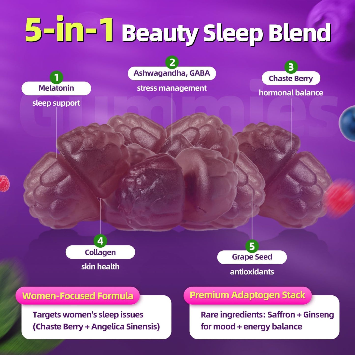 GPGP GreenPeople Women's Melatonin Gummies 5mg – Sleep Aid with Ashwagandha, L-Theanine & Collagen