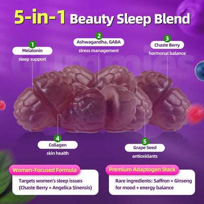 GPGP GreenPeople Women's Melatonin Gummies 5mg – Sleep Aid with Ashwagandha, L-Theanine & Collagen