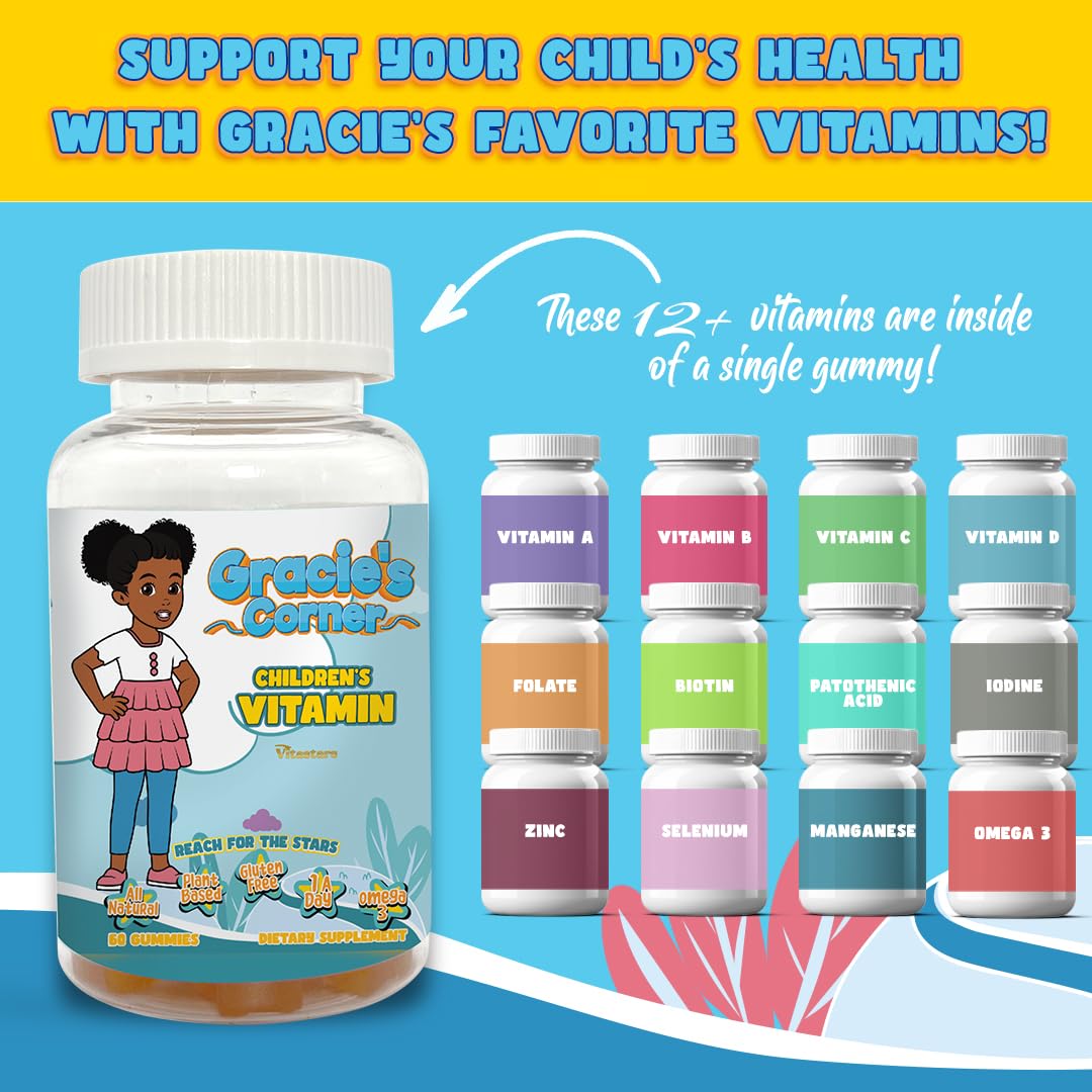 Gracie’s Corner Stars Kids Multivitamin Gummies with Omega-3 – Gluten-Free, Plant-Based Toddler Vitamins (60 Count)