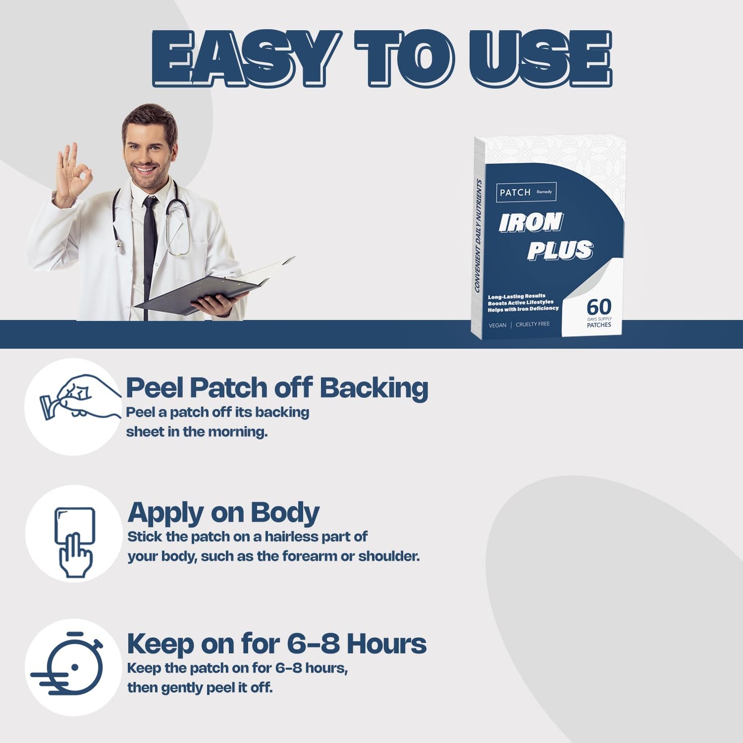 Graclin Iron Plus Topical Patches – Easy to Use, 60 Days Supply – Sugar-Free, Latex-Free, Natural Alternative