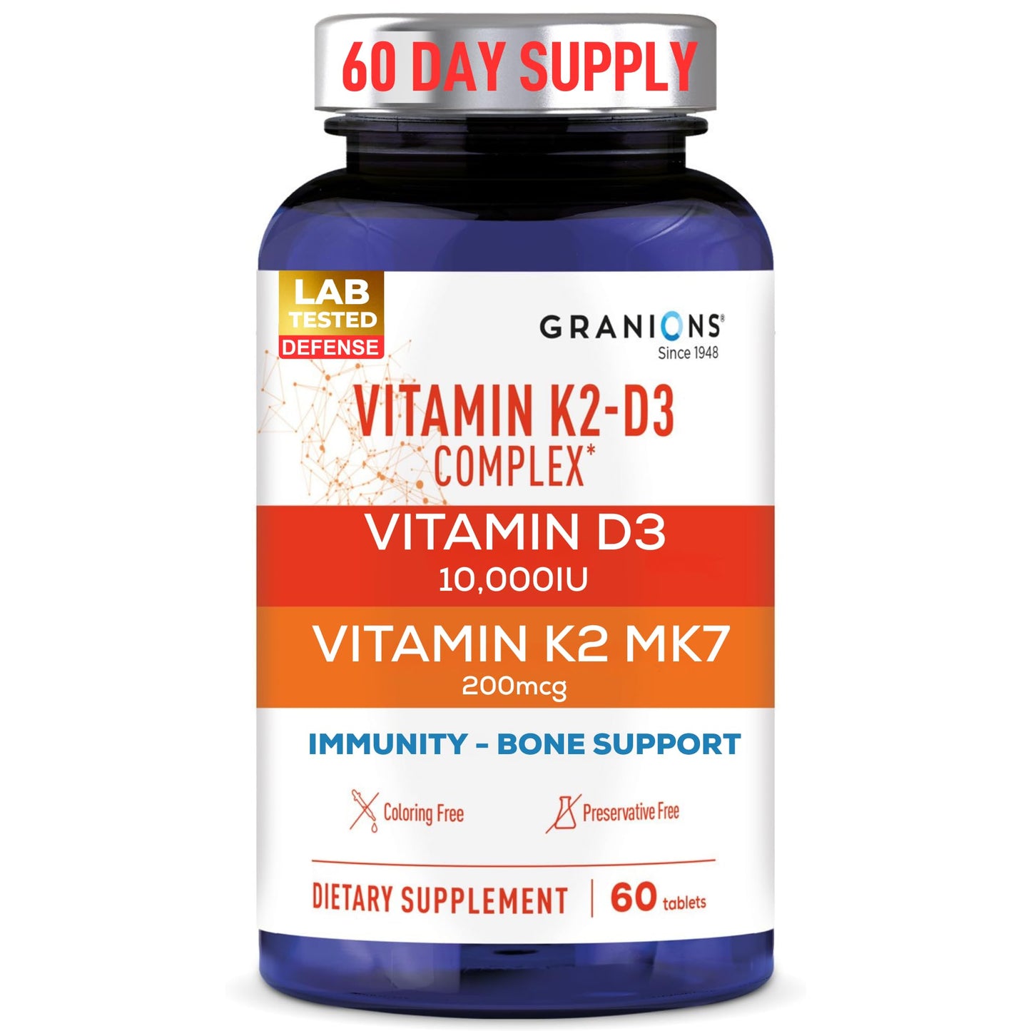 Granions 10,000IU Vitamin D3 K2 MK7 Complex - 60 One-A-Day Tablets | Immune Support, Bone Health