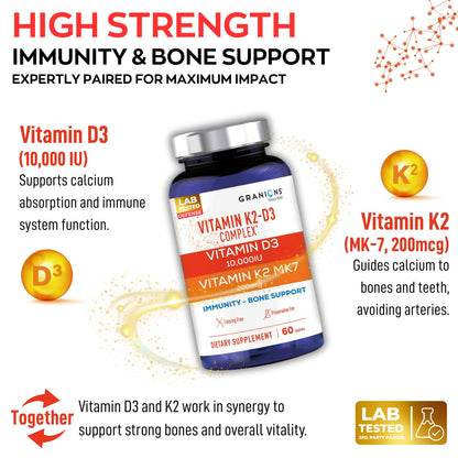 Granions 10,000IU Vitamin D3 K2 MK7 Complex - 60 One-A-Day Tablets | Immune Support, Bone Health