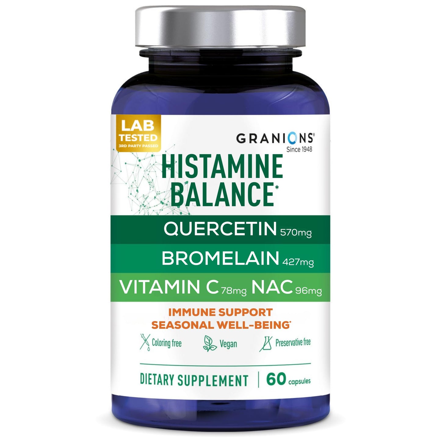 Granions Histamine Balance Complex - Quercetin, Bromelain, NAC & Vitamin C | 60 Vegan Capsules