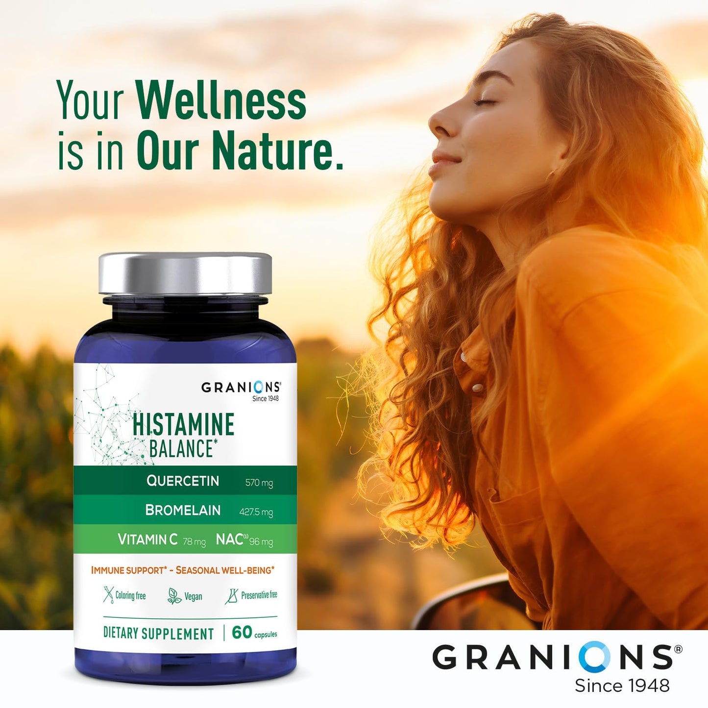 Granions Histamine Balance Complex - Quercetin, Bromelain, NAC & Vitamin C | 60 Vegan Capsules