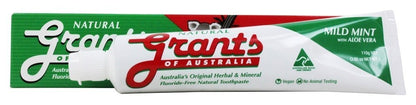 Grants of Australia Natural Toothpaste Mild Mint with Aloe Vera - 3.85 oz | Fluoride-Free, Vegan, Australian Made