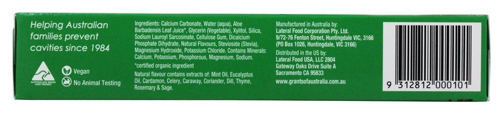 Grants of Australia Natural Toothpaste Mild Mint with Aloe Vera - 3.85 oz | Fluoride-Free, Vegan, Australian Made