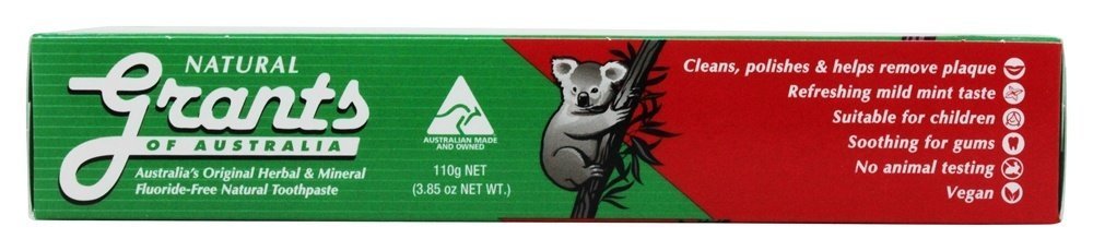 Grants of Australia Natural Toothpaste Mild Mint with Aloe Vera - 3.85 oz | Fluoride-Free, Vegan, Australian Made