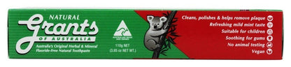 Grants of Australia Natural Toothpaste Mild Mint with Aloe Vera - 3.85 oz | Fluoride-Free, Vegan, Australian Made