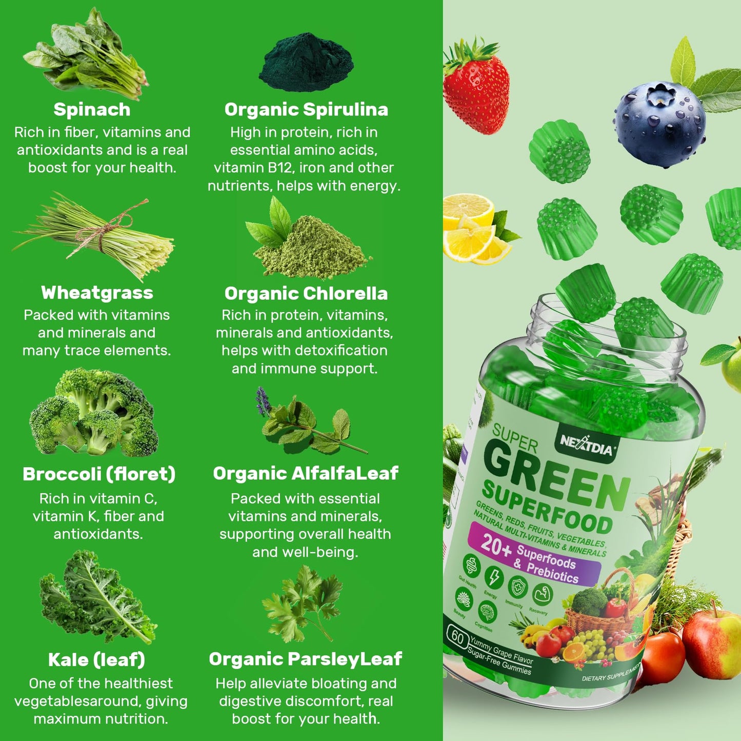 Super Greens Gummies – Spirulina & Chlorella with Probiotics & Prebiotic Fiber (60 Ct)