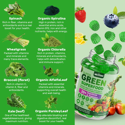Super Greens Gummies – Spirulina & Chlorella with Probiotics & Prebiotic Fiber (60 Ct)