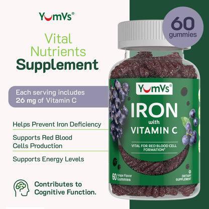 Iron Gummies with Vitamin C – 10 mg Iron, Grape Flavor (60 Count) – Vegan, Kosher, Non-GMO