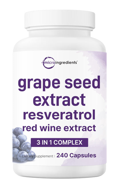 Micro Ingredients Grape Seed Extract, 240 Capsules | 3-in-1 Antioxidant Blend with Resveratrol & Red Wine Extracts | Non-GMO