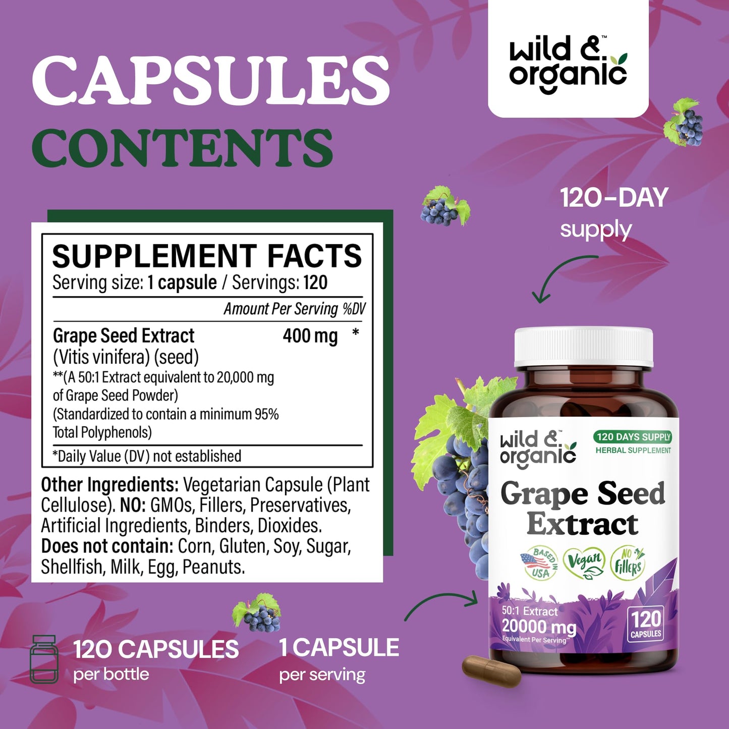 Wild & Organic Grape Seed Extract Capsules - 20,000 mg Strength Grapeseed Extract Equivalent - 95% Polyphenols - 400 mg per Serving - 120 Vegan Capsules - 4 Month Supply - Non-GMO