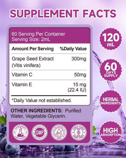 Organic Grape Seed Extract Liquid Drops 300mg – 95% Proanthocyanidins, Non-GMO, 4 fl oz