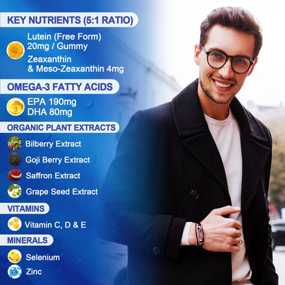 Sugar Free Lutein 20mg & 4mg Zeaxanthin Gummies with Omega-3 (EPA 190mg & DHA 80mg) - Vegan Eye Vitamins, 60 Count