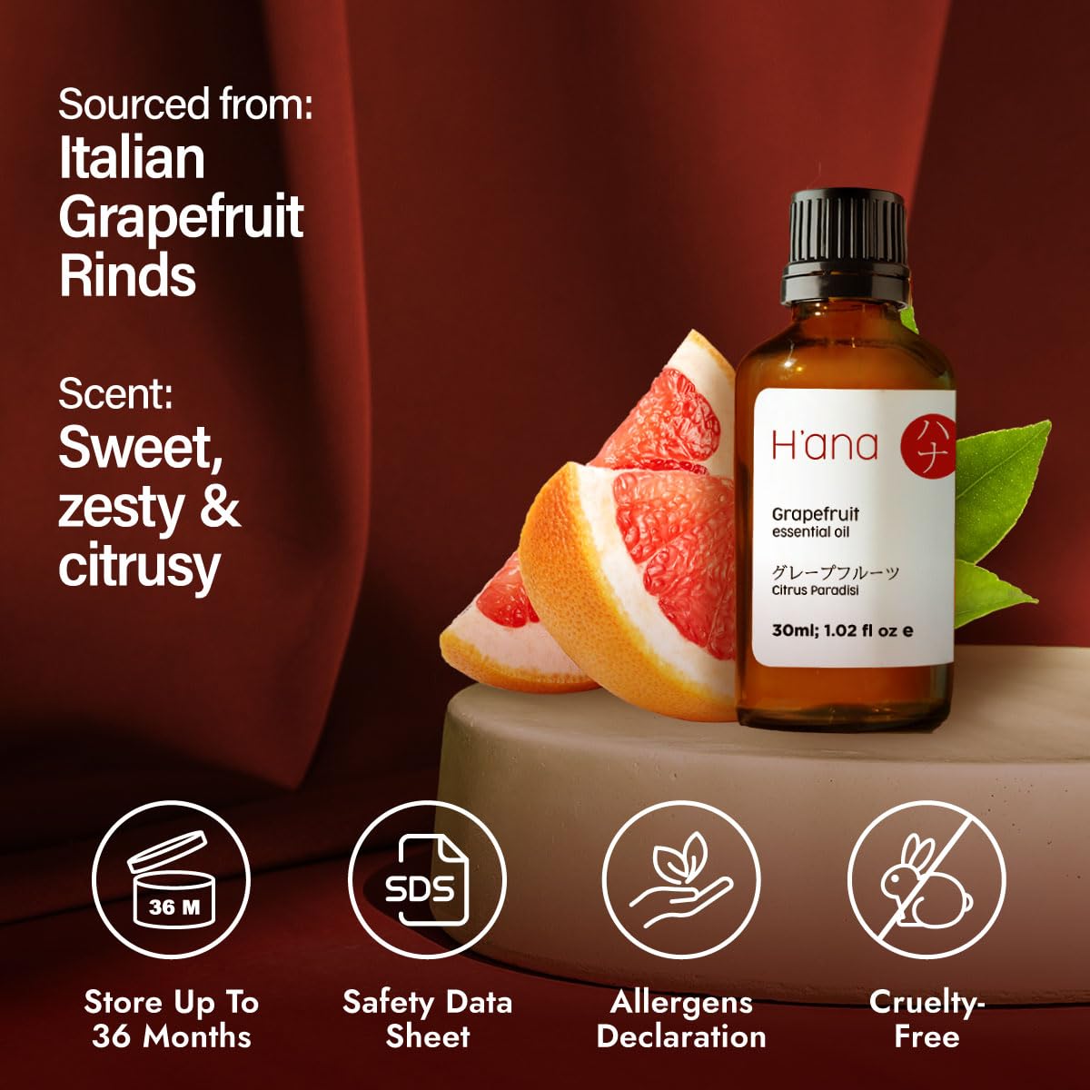 H'ana Grapefruit Essential Oil – 1.02 Fl Oz | Hair, Skin, Diffuser & DIY