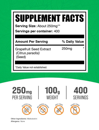 Grapefruit Seed Extract Powder 100g (Pack of 2) – Gluten Free, 250mg per Serving | BulkSupplements