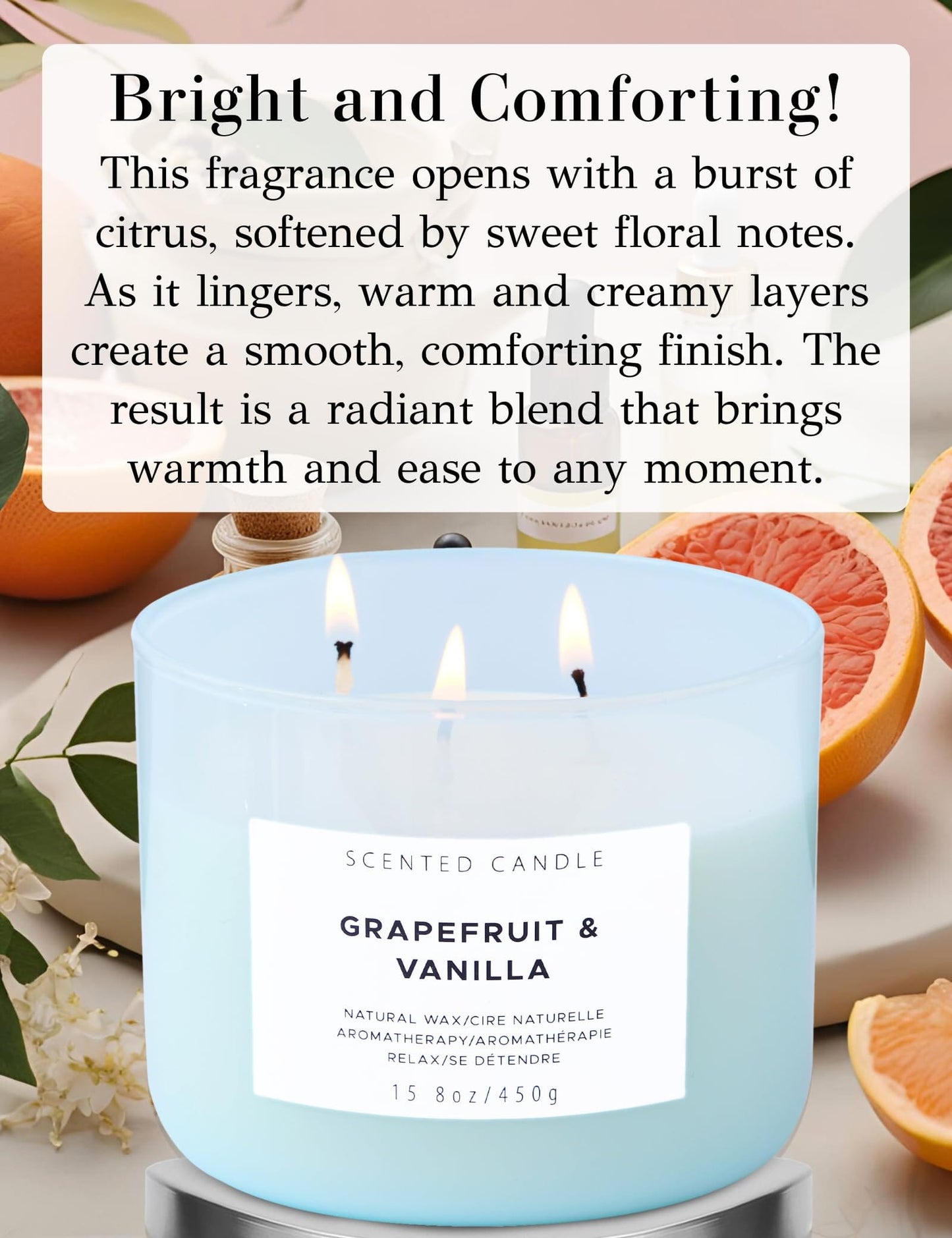 Grapefruit Vanilla 3-Wick Soy Candle 15.8 oz | Strong Throw, Clean Burn