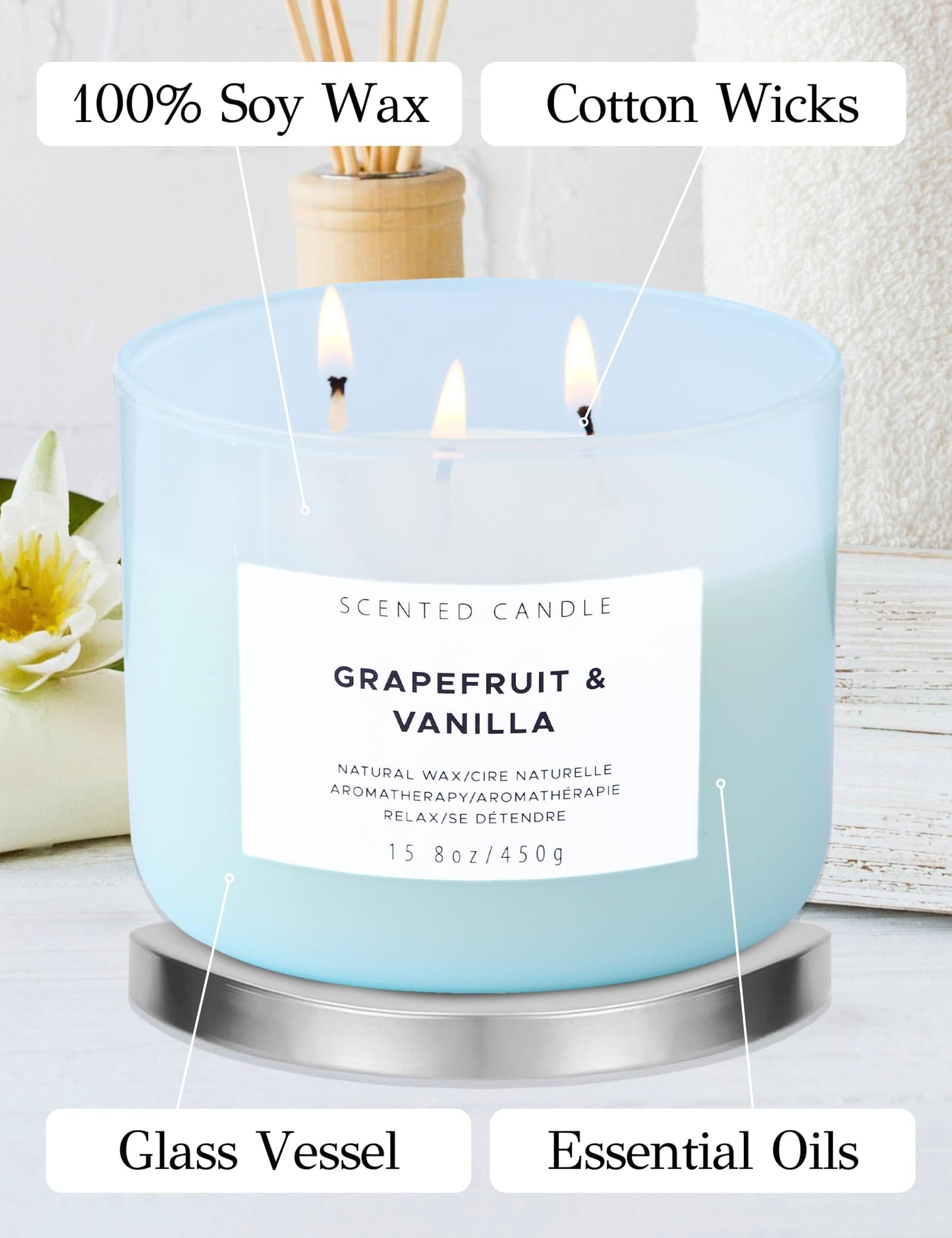 Grapefruit Vanilla 3-Wick Soy Candle 15.8 oz | Strong Throw, Clean Burn