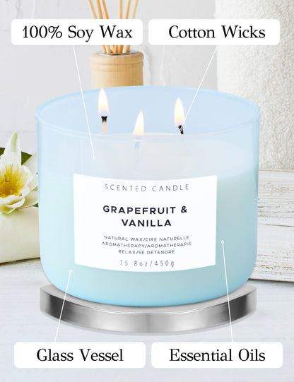 Grapefruit Vanilla 3-Wick Soy Candle 15.8 oz | Strong Throw, Clean Burn