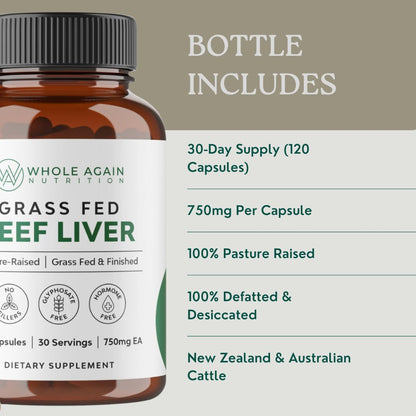 Grass Fed Beef Liver Capsules - 120 Count | 3,000mg Serving | Pasture Raised | No Fillers