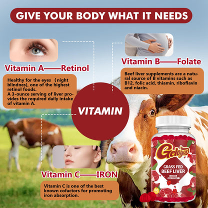 Beef Liver Gummies - Grass-Fed Heme Iron, Folate, Vitamin C | Gluten-Free & Non-GMO | 60 Count
