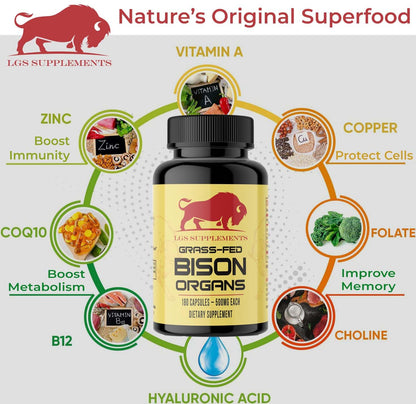 Grass Fed Bison Organ Supplement – Liver, Heart & Kidney | Non-GMO | 180 Capsules