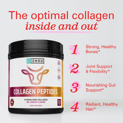 Zhou Collagen Peptides – Grass-Fed Bovine Collagen Powder for Skin, Hair, Joints | 18 oz Jar