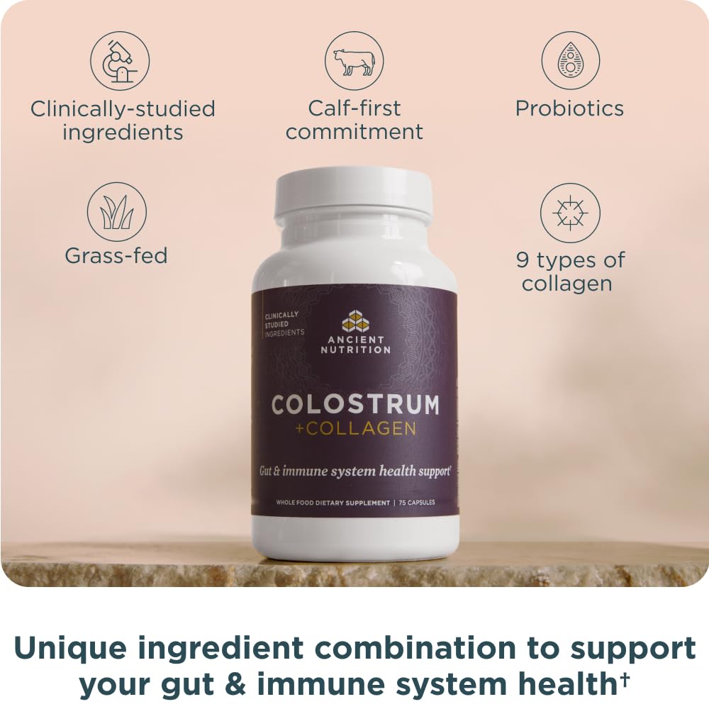 Ancient Nutrition Colostrum Superfood + Collagen – Grass-Fed Bovine Colostrum & Fermented Eggshell Membrane, 75 Count