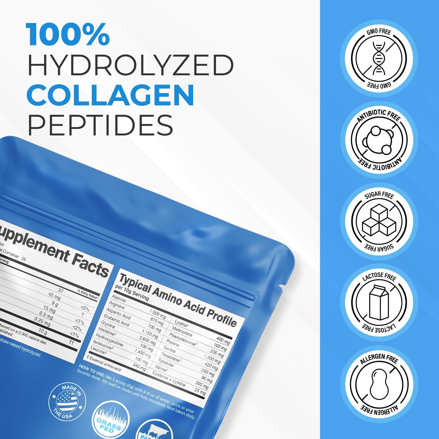 Grass-Fed Collagen Peptides Powder – Type I & III, Unflavored, 9.87 oz