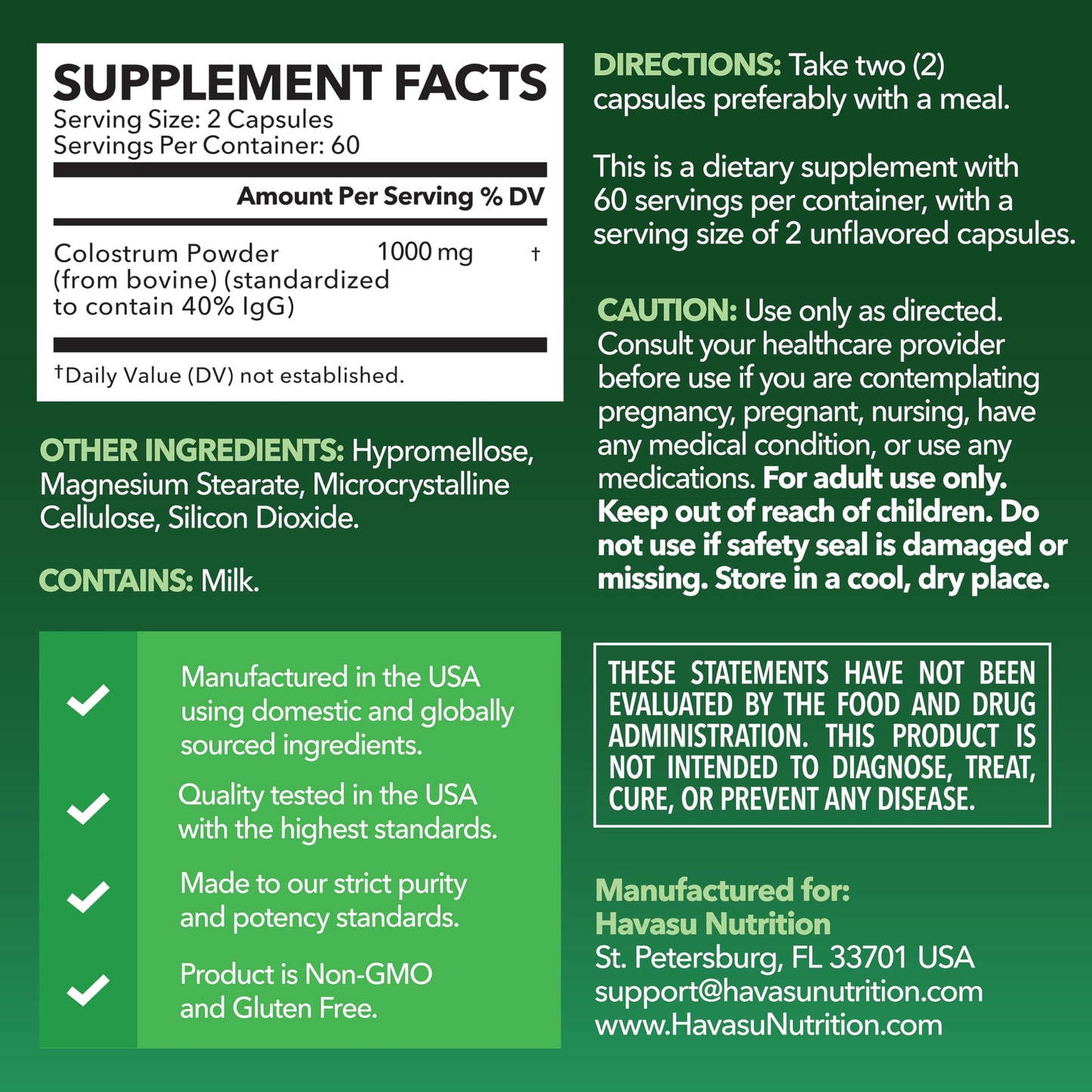 Grass Fed Colostrum Supplement – 1000mg per Serving, 120 Count (60 Day Supply) | IgG 40%
