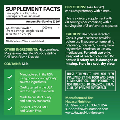 Grass Fed Colostrum Supplement – 1000mg per Serving, 120 Count (60 Day Supply) | IgG 40%