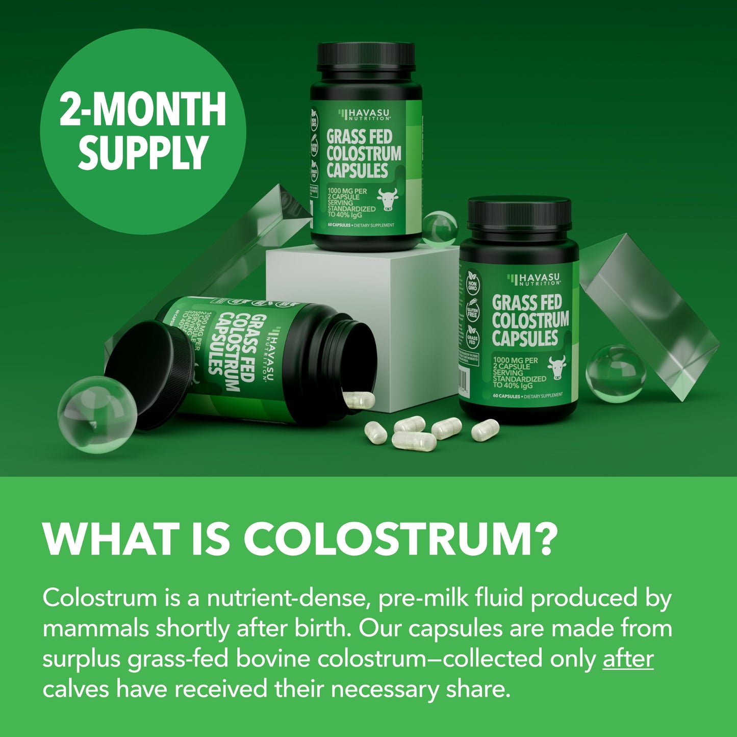 Grass Fed Colostrum Supplement – 1000mg per Serving, 120 Count (60 Day Supply) | IgG 40%