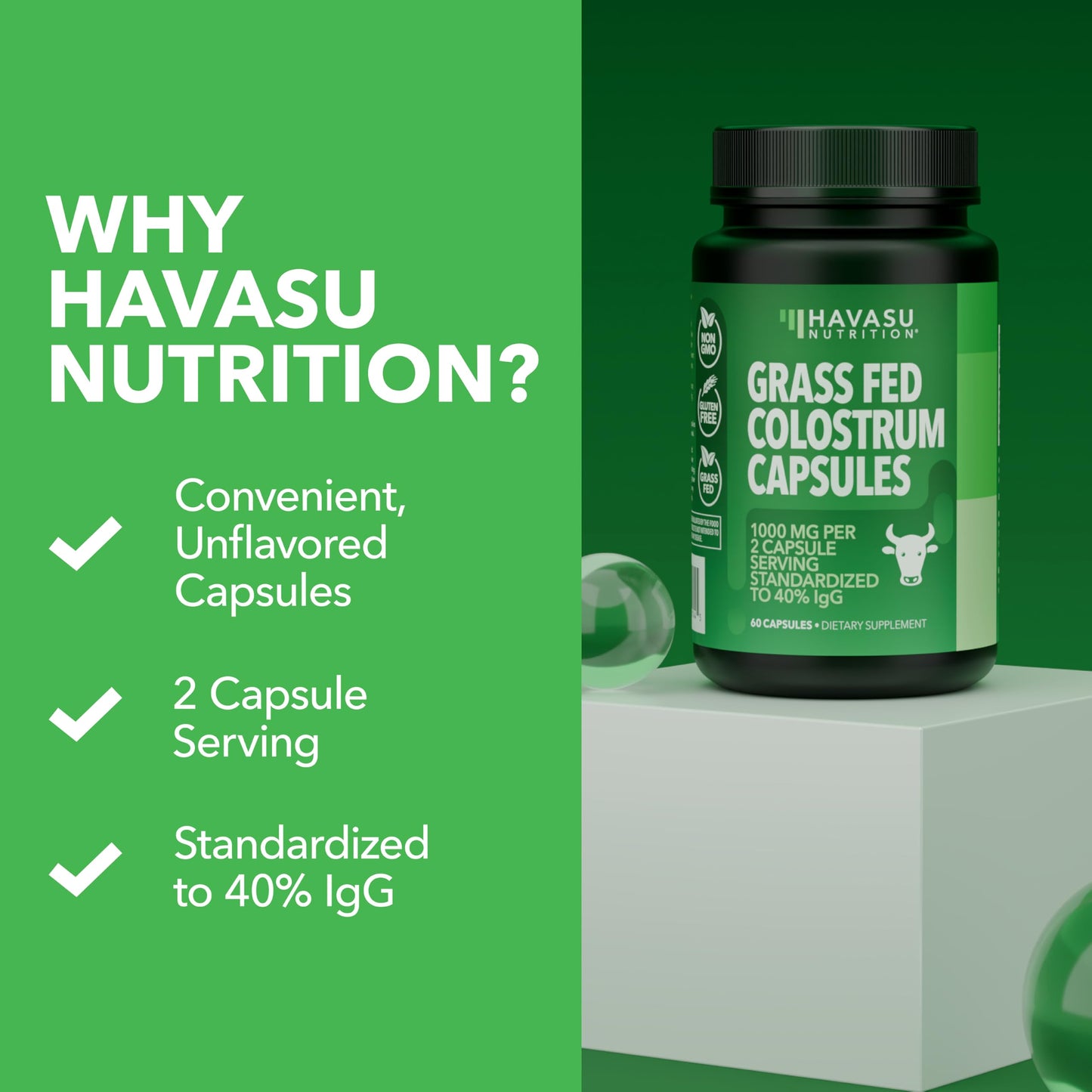 Grass Fed Colostrum Supplement – 1000mg per Serving, 120 Count (60 Day Supply) | IgG 40%