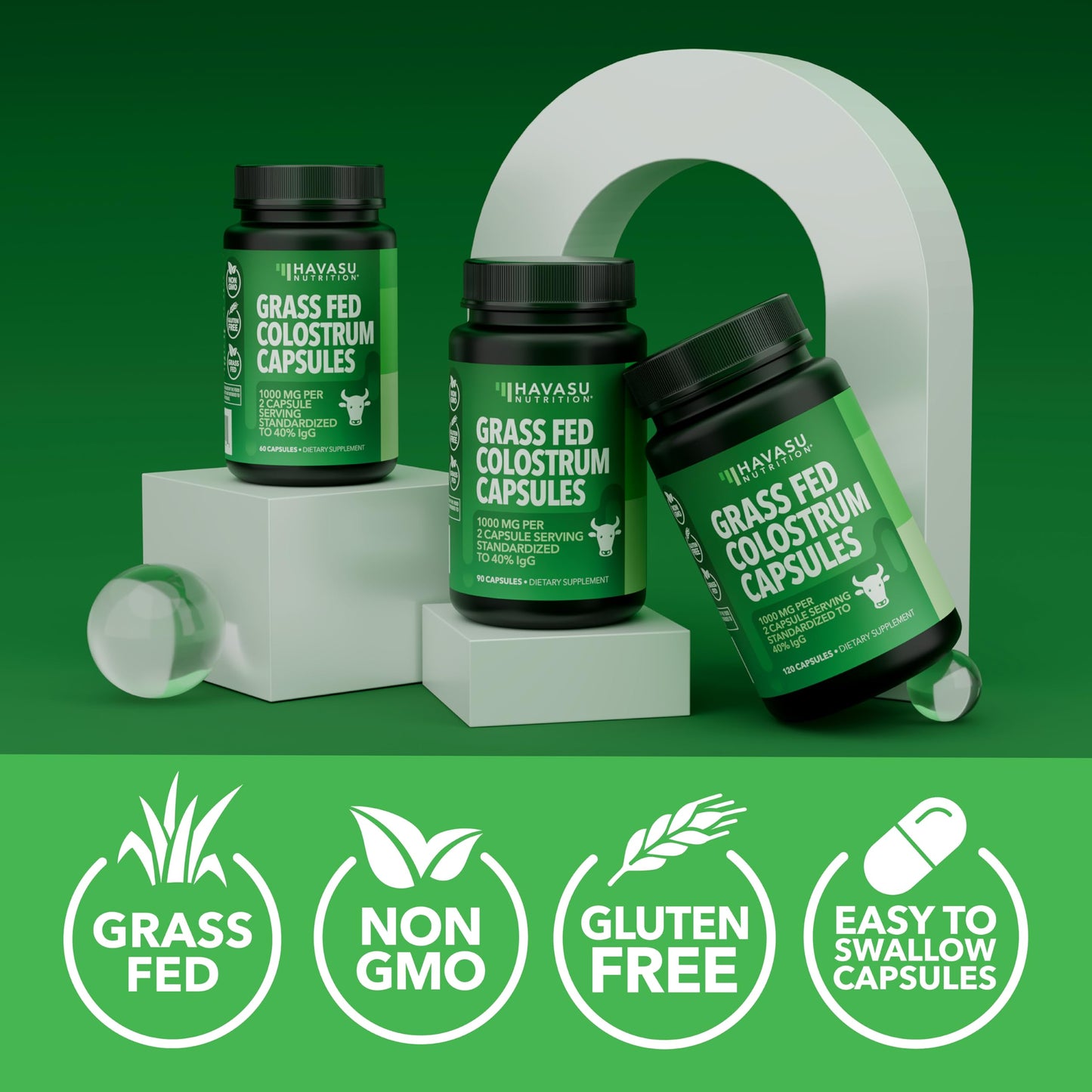 Grass Fed Colostrum Supplement – 1000mg per Serving, 120 Count (60 Day Supply) | IgG 40%
