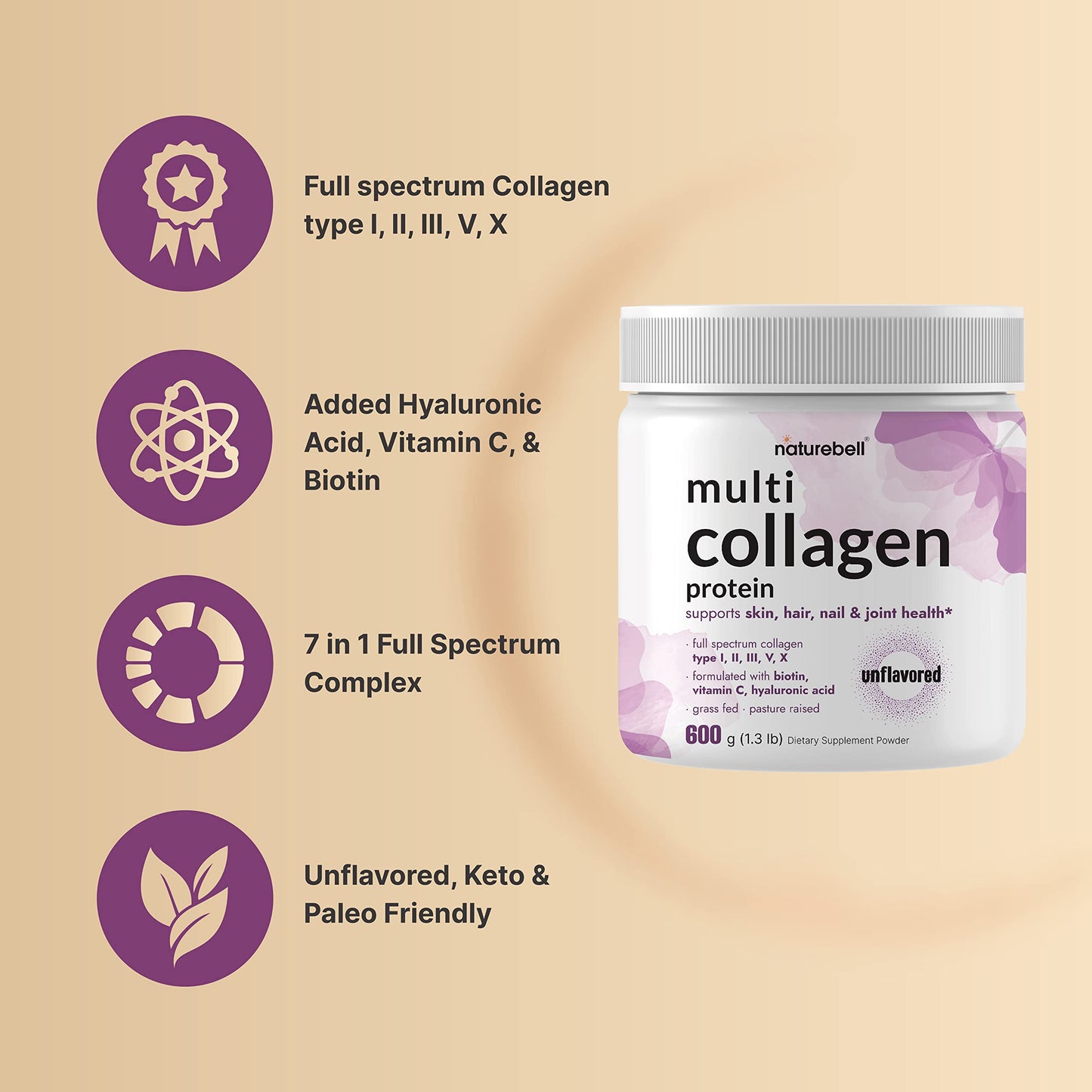 Multi Collagen Protein Powder 600g - 5 Types I/II/III/V/X, Biotin & Vitamin C