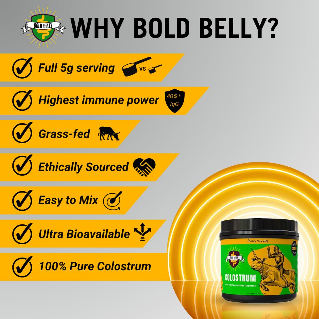 Bold Belly Colostrum Powder Supplement - Whole Cream Bovine Colostrum for Gut & Immune Support, Grass-Fed USA Cows, Cold-Processed, Natural IgG Colostrum Superfood, Unflavored - 5.3 OZ