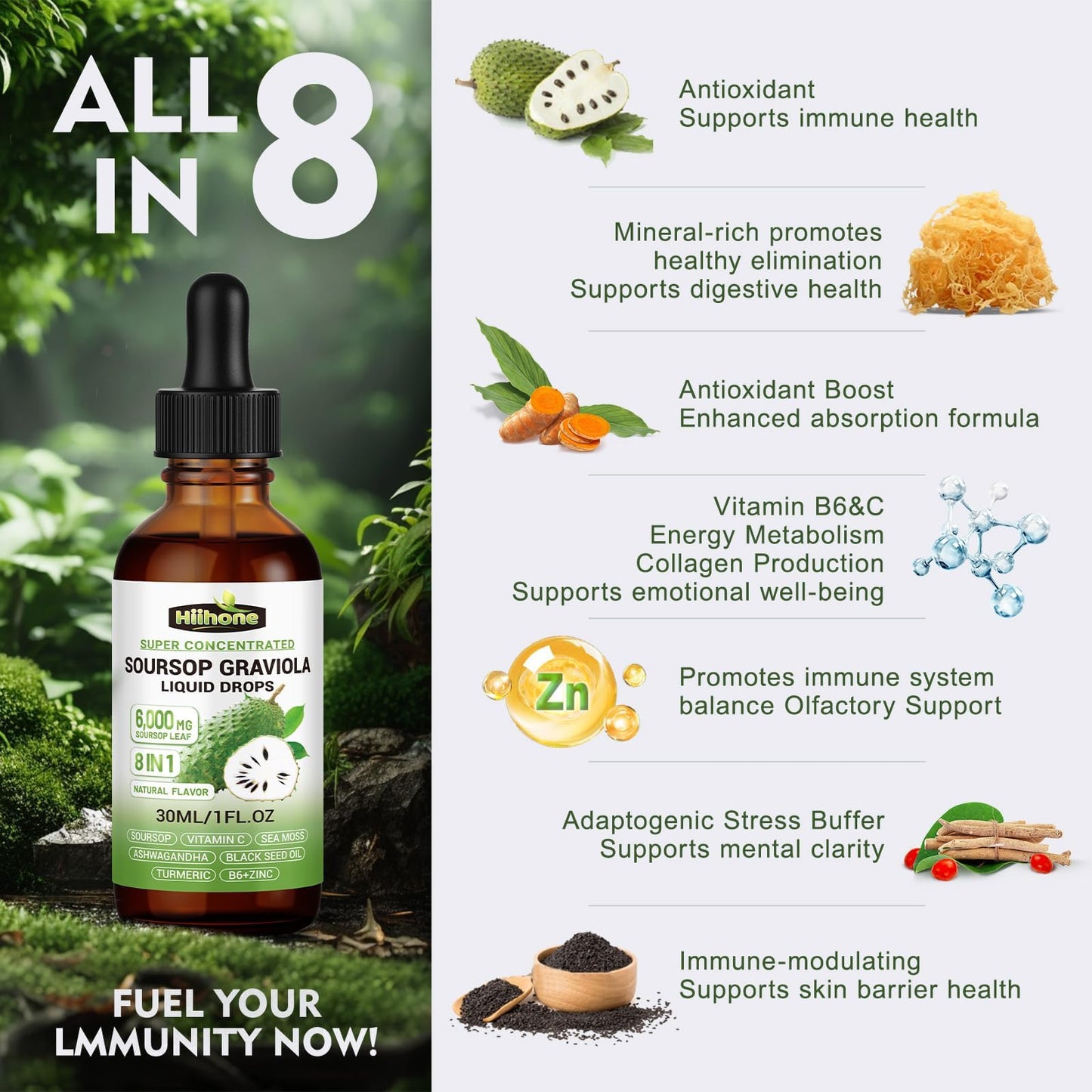 (2 Pack) 8-in-1 Graviola Soursop Liquid – Immune & Liver Support, Sea Moss, Ashwagandha, Turmeric | 1 Fl Oz