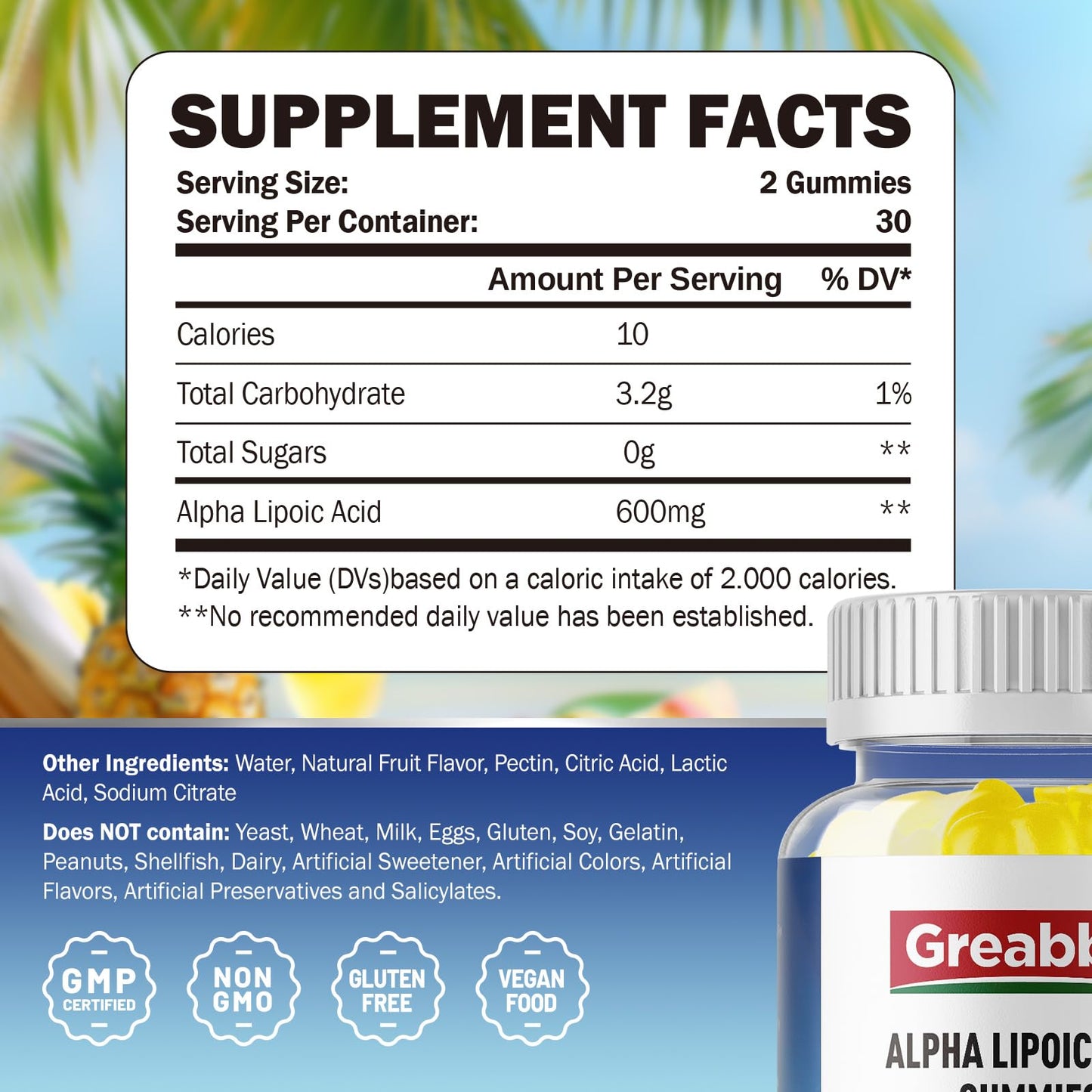 GREABBY Alpha Lipoic Acid 600mg Gummies – Sugar Free Pineapple, 60 Count