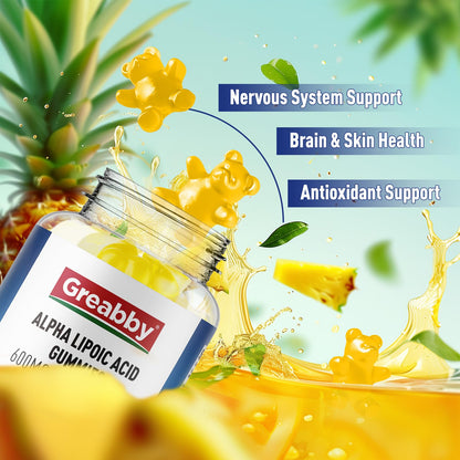 GREABBY Alpha Lipoic Acid 600mg Gummies – Sugar Free Pineapple, 60 Count