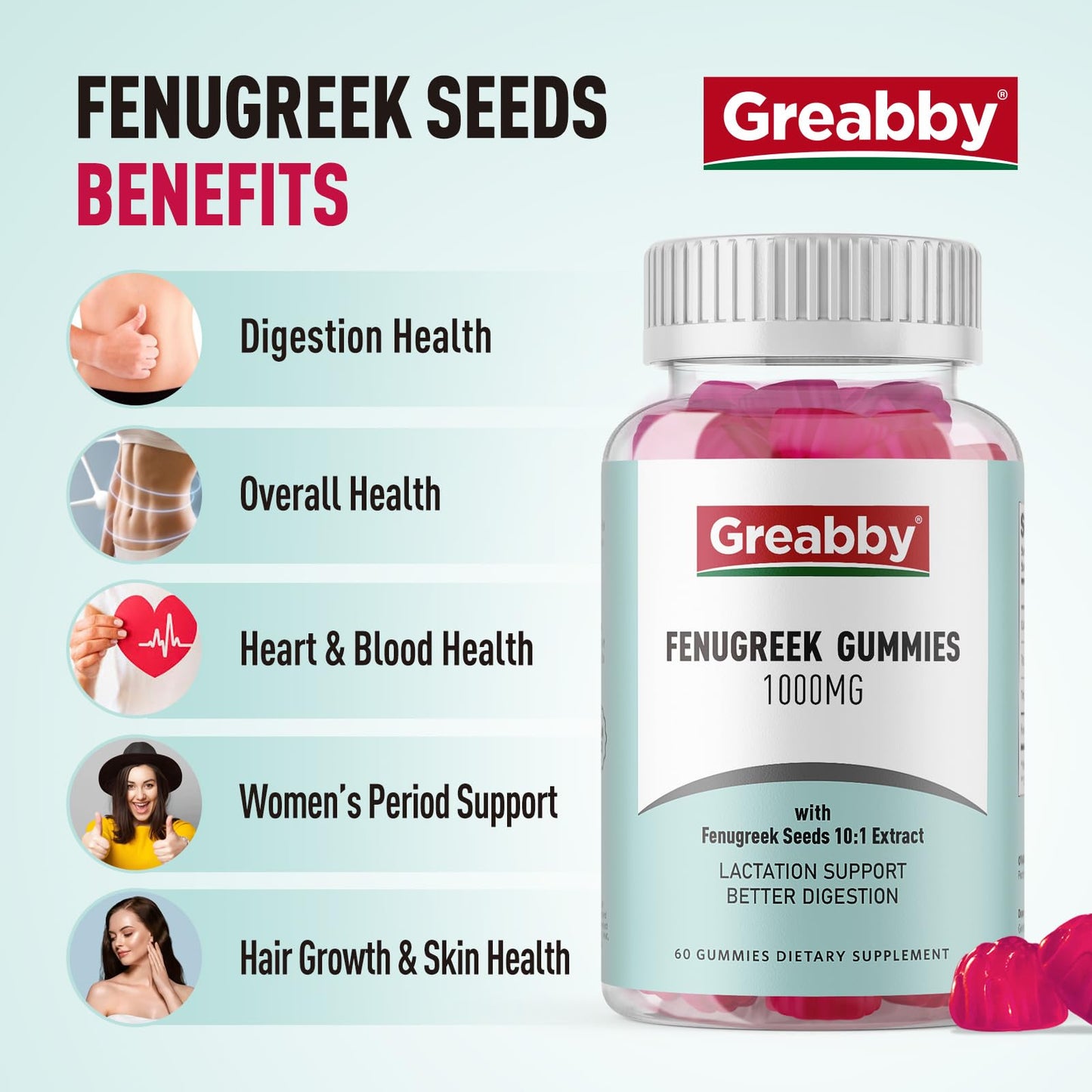 GREABBY Fenugreek Gummies 1000mg – Lactation Support, Non-GMO