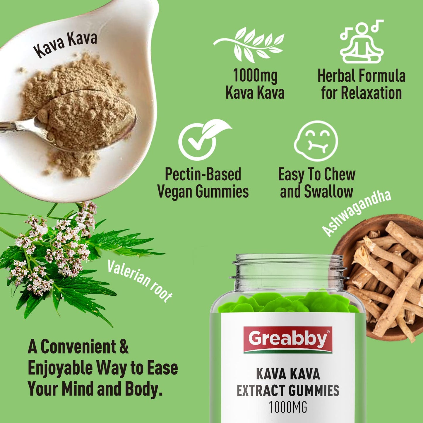 GREABBY Kava Gummies 1000mg – Natural Lemon, 120 Vegan Gummies