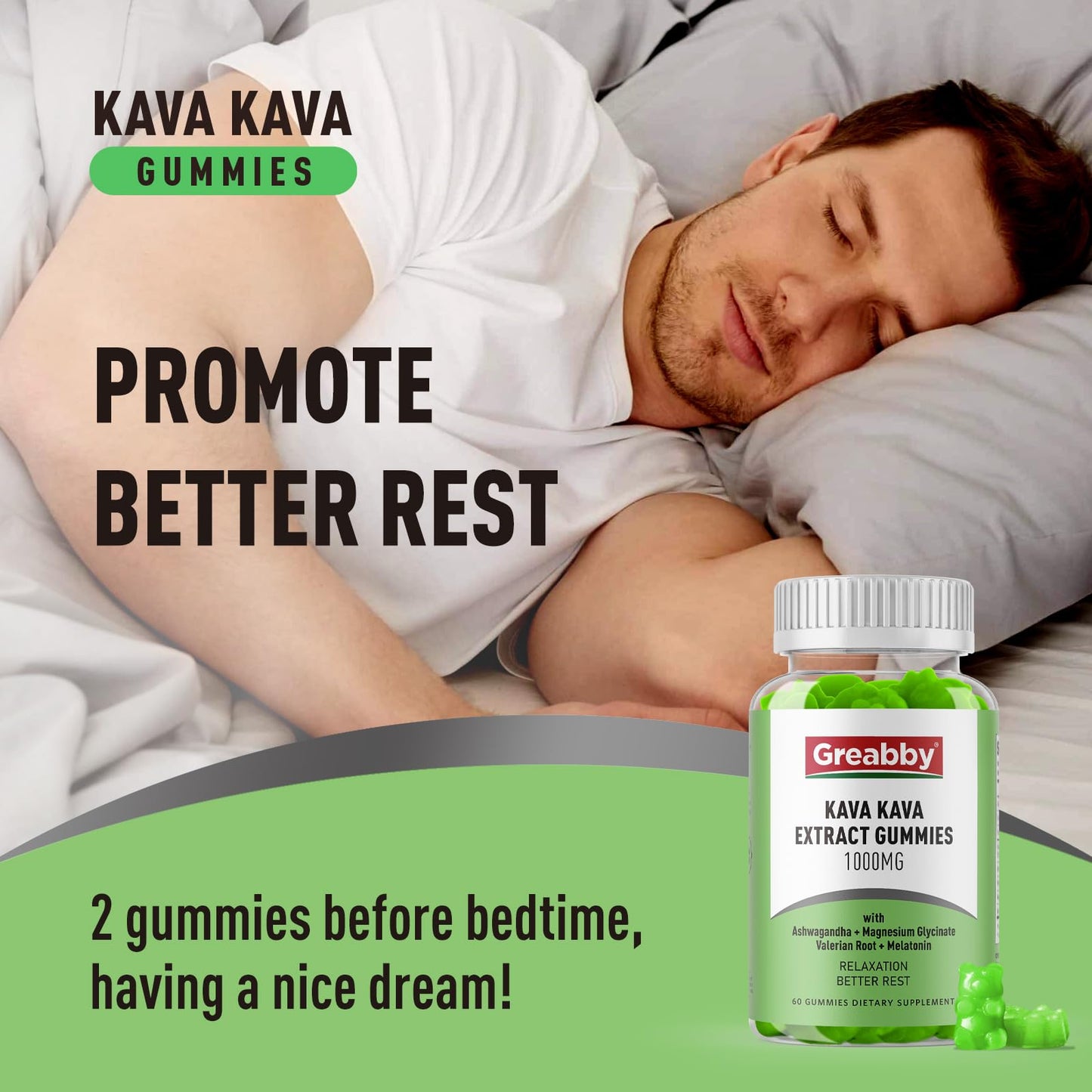 GREABBY Kava Kava Gummies 1000mg Per Serving, Sleep Support, Natural Lemon Flavor, 60 Vegan Gummies, Stress Relief & Relaxation Supplement
