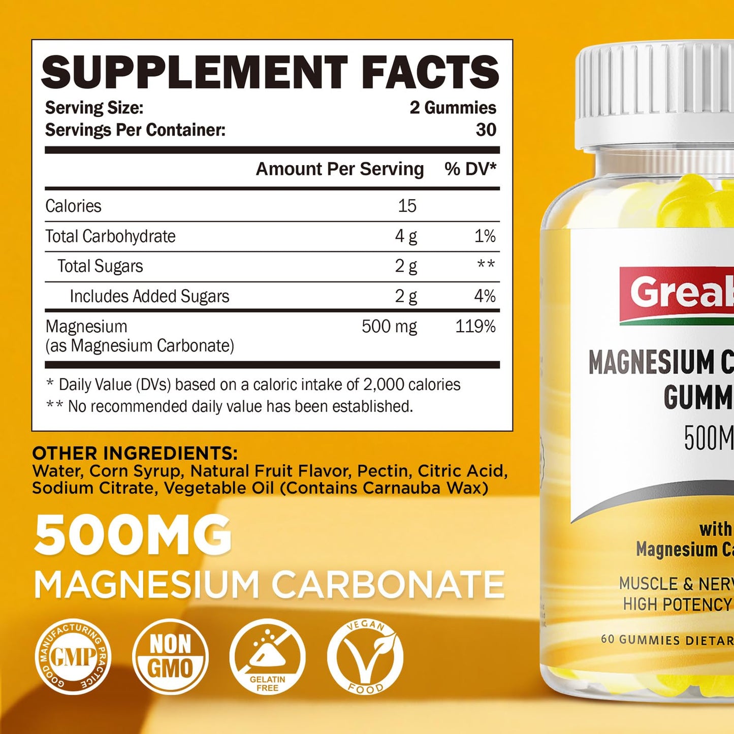 GREABBY Magnesium Carbonate Gummies 500mg – Digestive & Muscle Support, Vegan Pineapple, 60 Chewables