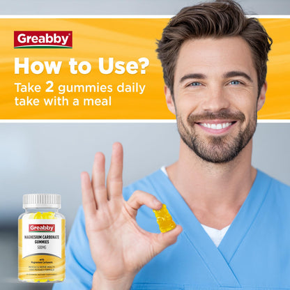 GREABBY Magnesium Carbonate Gummies 500mg – Digestive & Muscle Support, Vegan Pineapple, 60 Chewables