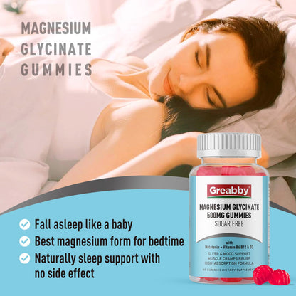 Greabby Magnesium Glycinate Gummies 500mg – Sleep Support for Adults (60 Gummies)