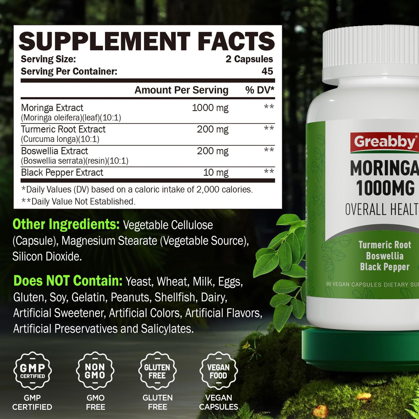 GREABBY Moringa Capsules with Turmeric & Boswellia – Immune, Joint & Digestive Health, 90 Small Vegan Capsules