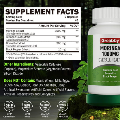 GREABBY Moringa Capsules with Turmeric & Boswellia – Immune, Joint & Digestive Health, 90 Small Vegan Capsules